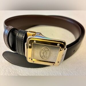 Cartier Black Leather Belt with Gold & Silver Buckle (Unisex). Reversible brown.